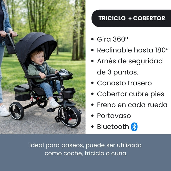 TRICICLO BEBEGLO TRIKE PLUS CON COBERTOR NEGRO RS-4090-5 MULTIETAPAS