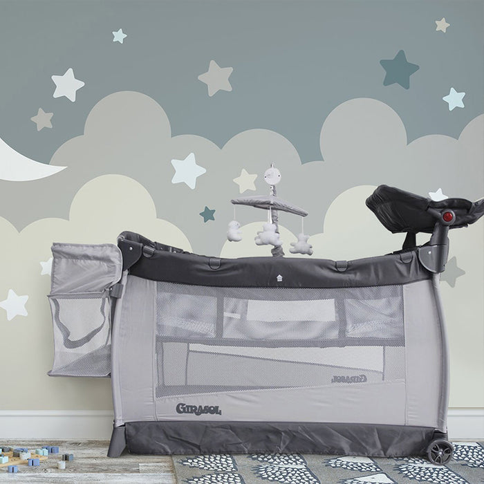 Cuna corral gris templanza girasol 2 alturas con movil musical oso polar