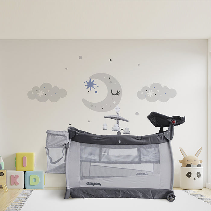 Cuna corral gris templanza girasol 2 alturas con movil musical oso polar