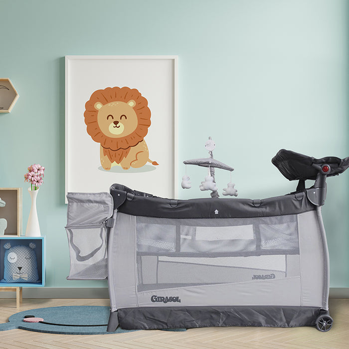 Cuna corral gris templanza girasol 2 alturas con movil musical oso polar