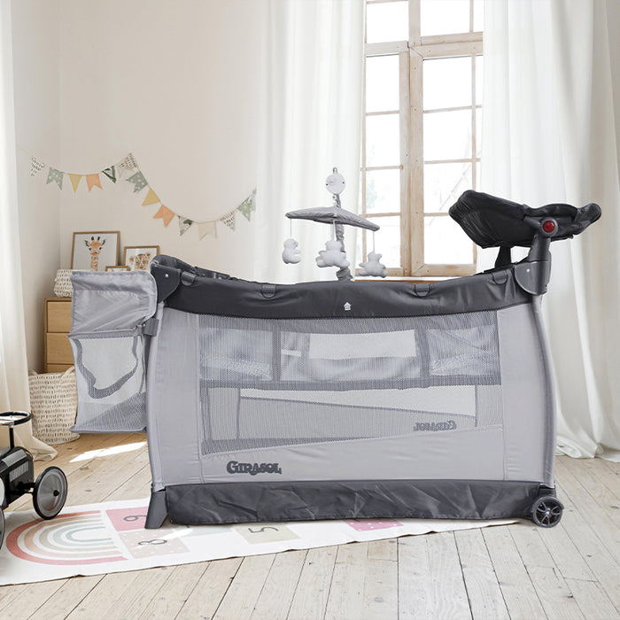 Cuna corral gris templanza girasol 2 alturas con movil musical oso polar