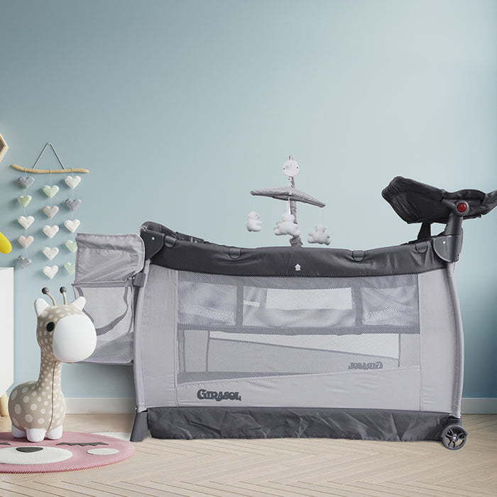 Cuna corral gris templanza girasol 2 alturas con movil musical oso polar