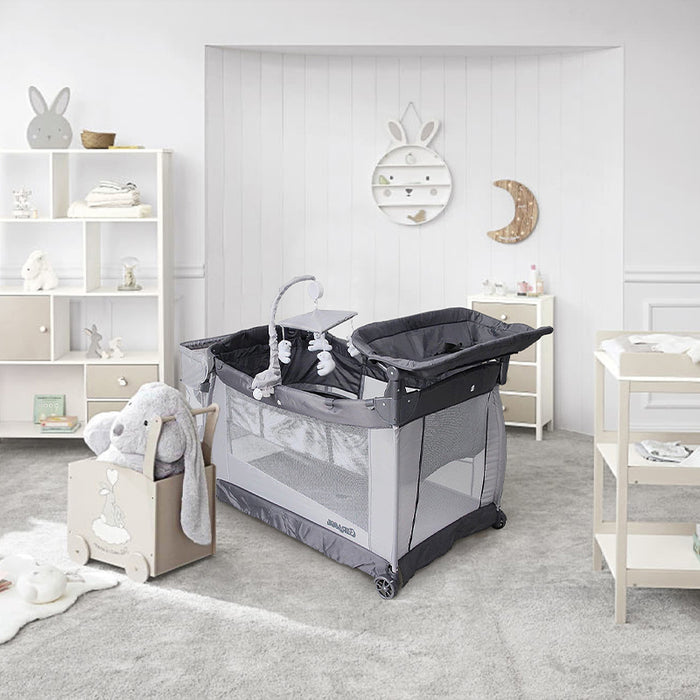 Cuna corral gris templanza girasol 2 alturas con movil musical oso polar