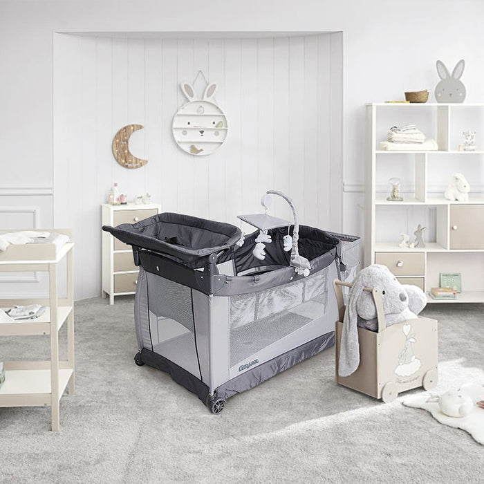 Cuna corral gris templanza girasol 2 alturas con movil musical oso polar