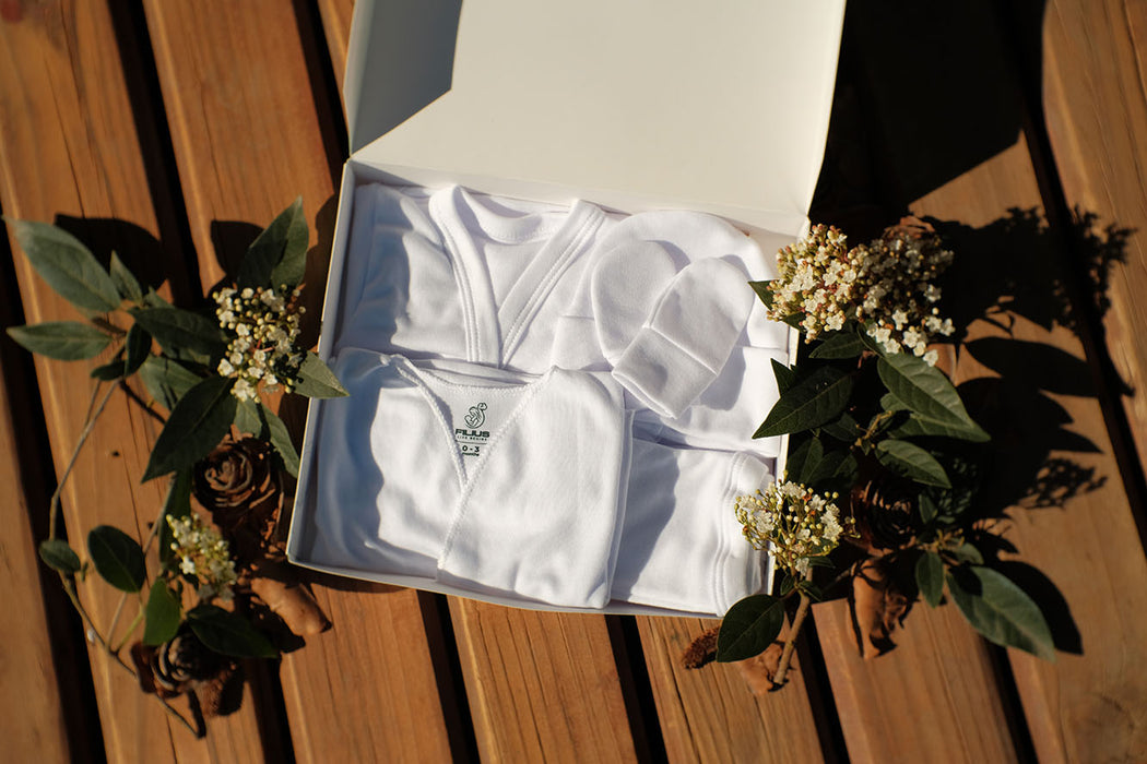 Ajuar bebe algodón blanco 6pza caja regalo